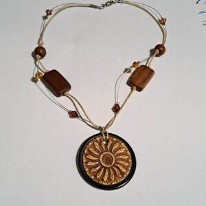 large sun flower pendant necklace with wooden and plastic beads